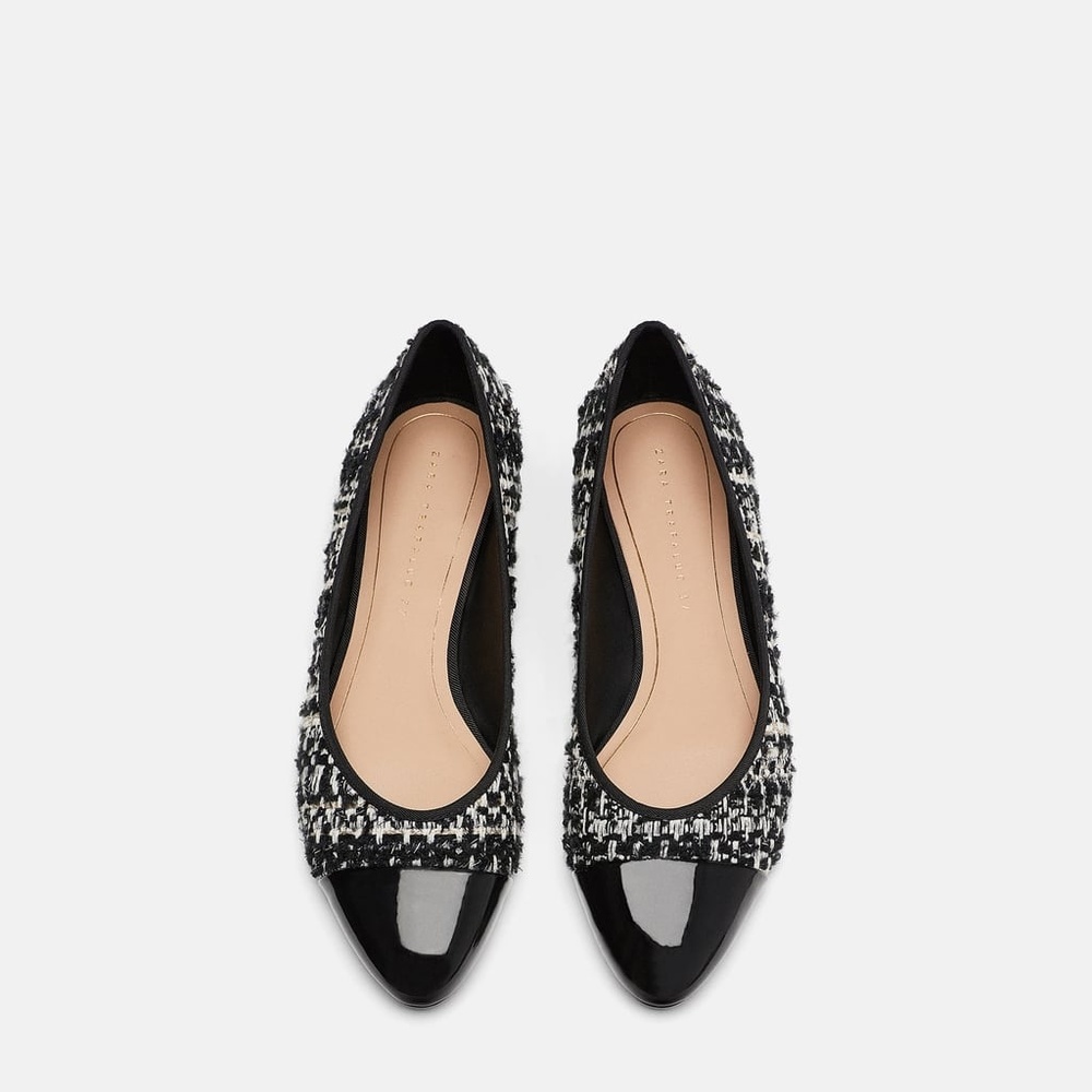 Zara Tweed Vegan Patent Cap Toe Ballet Flats 37 6.5